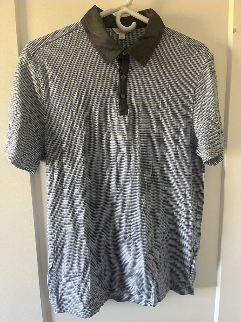 Calvin Klein Men's Grey Micro-Check Polo Shirt with Contrast Collar